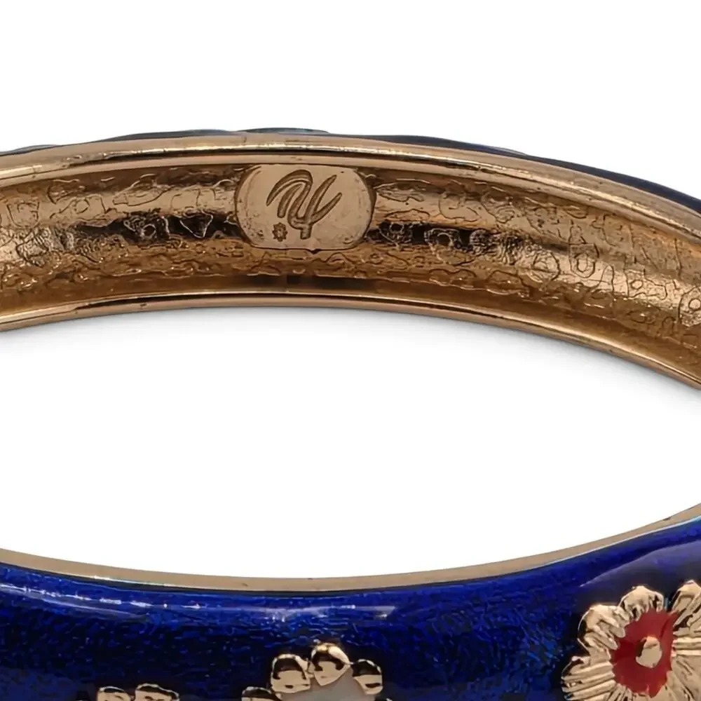 Jiu Long Xing Blue Enamel Floral Hinged Bangle Bracelet Gold Tone Signed